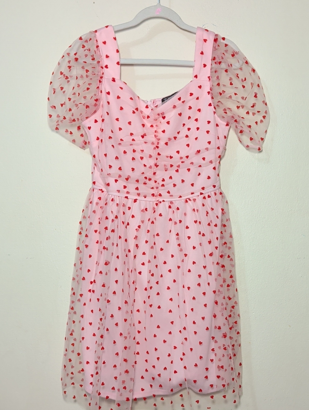 Trixxi Girl Short Sleeve Mesh Heart Flocked Dress Pink Red Puff Sleeves Size 12
